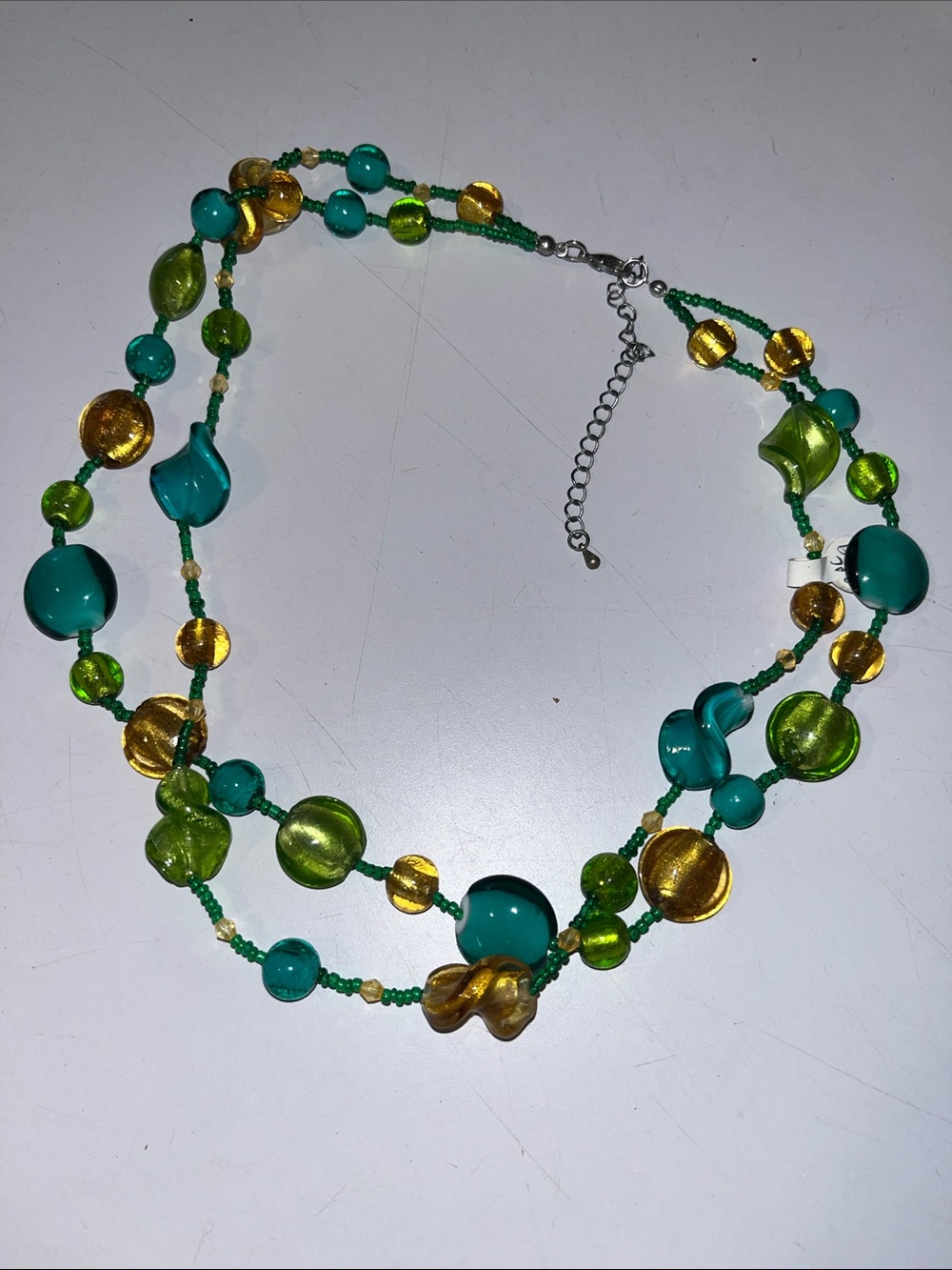 Green & Gold Glass Bead Double Strand Necklace by